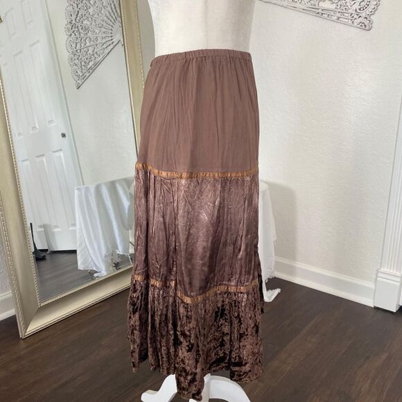 Ethereal Fairy Grunge Brown Tan Velvet Satin Flowy Midi Maxi Rayon Skirt S - Picture 4 of 6
